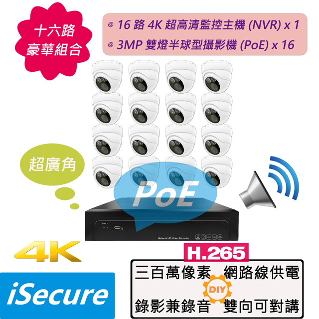 iSecure_16 路監視器組合: 1 部 16 路 4K 網路型監控主機 (NVR) + 16 部 3MP 雙燈半球型攝影機 (PoE)