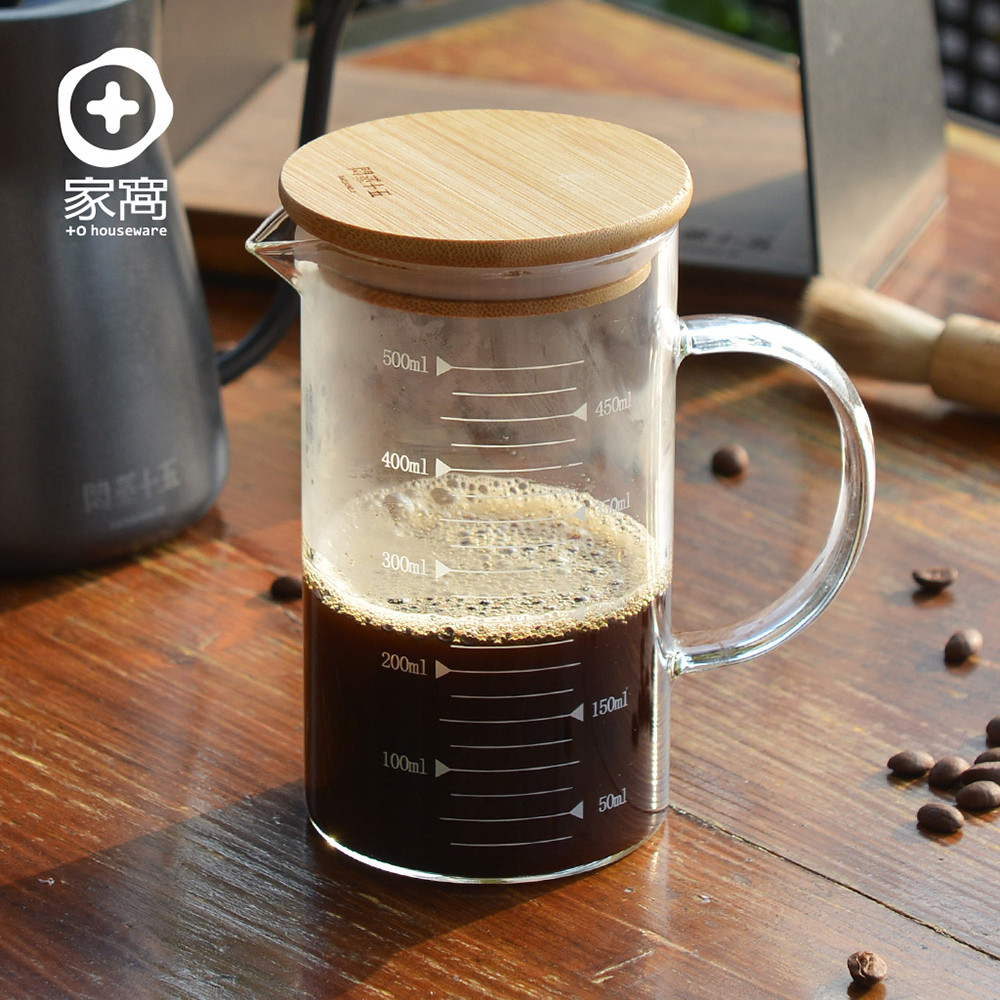 【悶蒸十五】附刻度耐熱玻璃咖啡公杯量壺(附天然竹蓋)-500ml