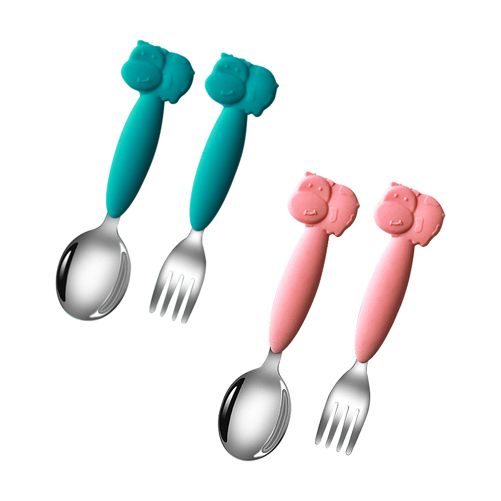 寶寶不鏽鋼餐具2入組-可彎曲湯匙叉子學習餐具組 乳牛矽膠手把