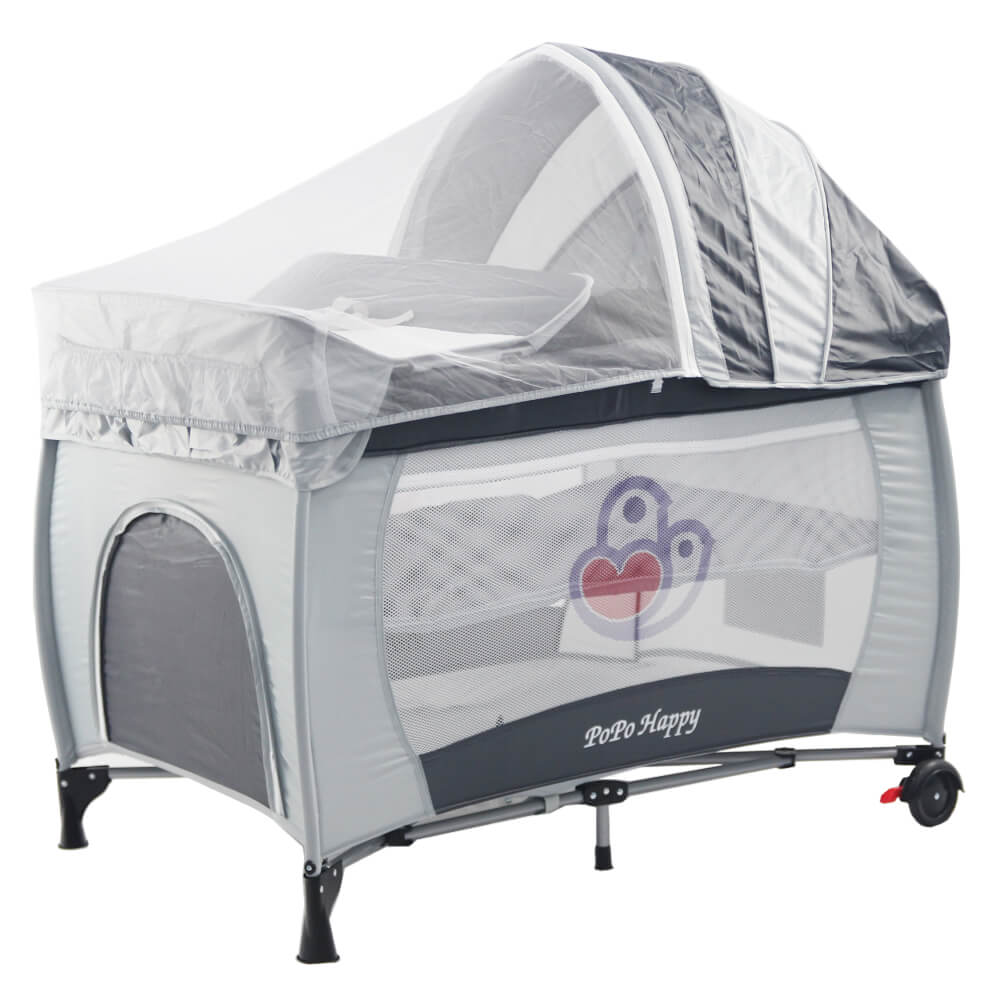 POPO 雙層安全嬰兒床(具遊戲功能)(淺綠灰)附贈尿布台、遮光罩與蚊帳