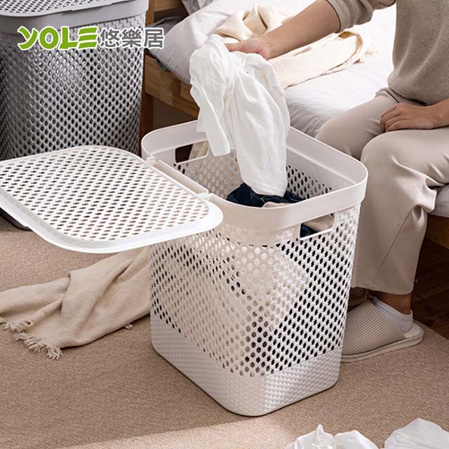 【YOLE悠樂居】日式藤藝編織帶蓋大容量洗衣籃-白