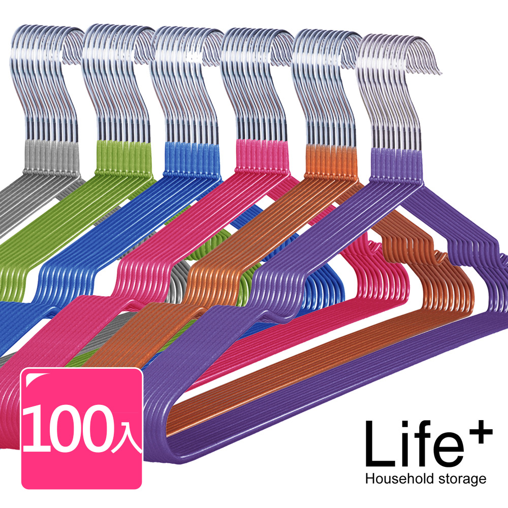 【Life+】超奈米PVC浸膠不鏽鋼防滑衣架 100入 (顏色隨機)