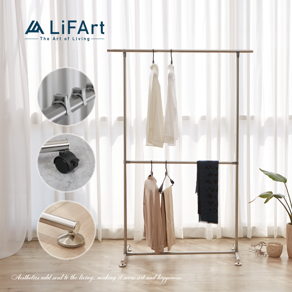 【LiFArt】不鏽鋼附輪伸縮耐重雙桿曬衣架