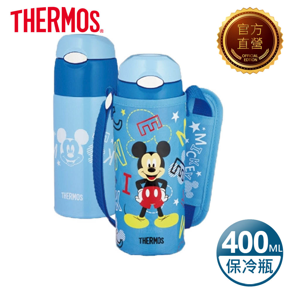 【THERMOS 膳魔師】不鏽鋼真空保冷瓶0.4L 米奇-藍色 (FHL-401FDS-BLS)