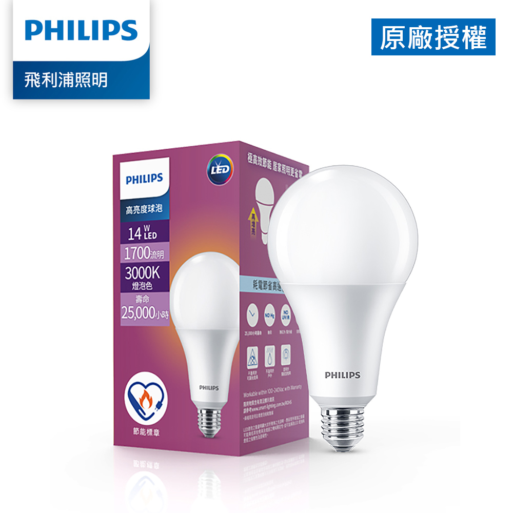 Philips 飛利浦 14W LED高亮度燈泡-燈泡色3000K (PS001)