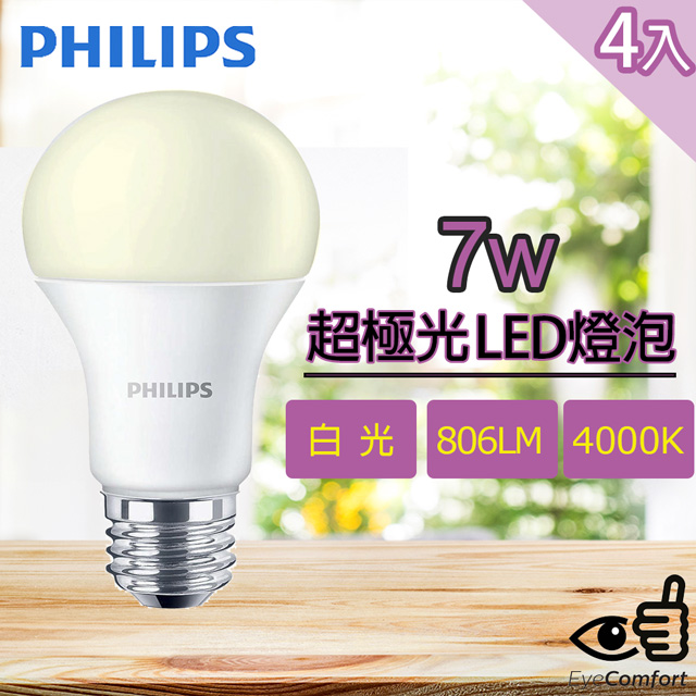 【Philips 飛利浦】超極光 7W LED燈泡 -白色 4000k 806流明 4入