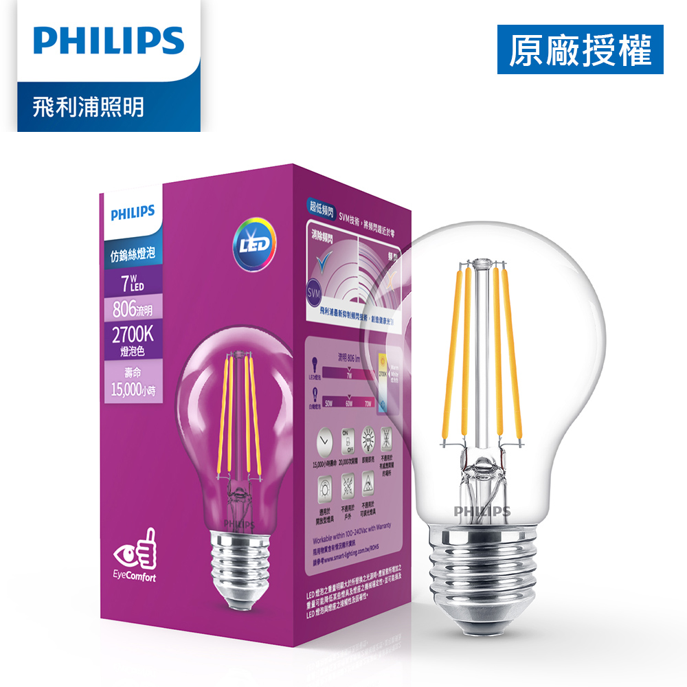 Philips 飛利浦 7W LED仿鎢絲燈泡-燈泡色2700K (PL910)