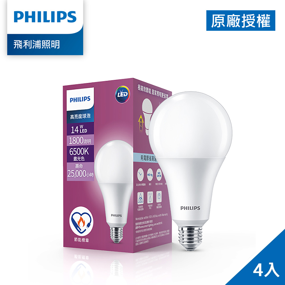 Philips 飛利浦 14W LED高亮度燈泡-晝光色6500K 4入 (PS002)