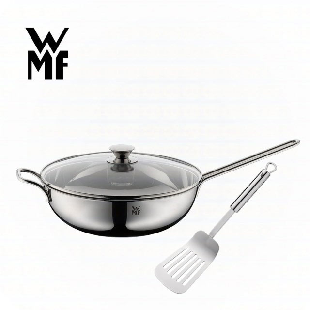 德國WMF 不鏽鋼單手中式炒鍋 30cm (含蓋)+德國WMF Profi Plus 不鏽鋼瀝油鍋鏟
