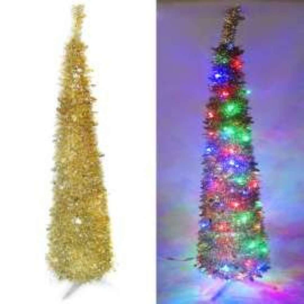 摩達客_6尺(180cm) 彈簧摺疊金色哈利葉瘦型鉛筆樹聖誕樹 (+LED100燈四彩光一串)本島免運費