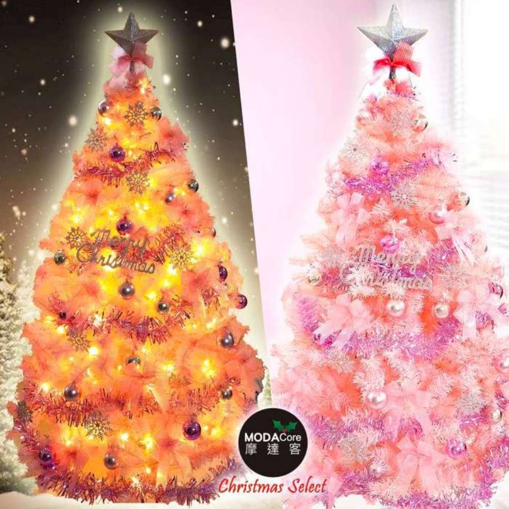 摩達客-台灣製6尺(180cm)豪華版夢幻粉紅聖誕樹(浪漫櫻花粉銀系配件)+100燈LED燈暖白光2串(附控制器)
