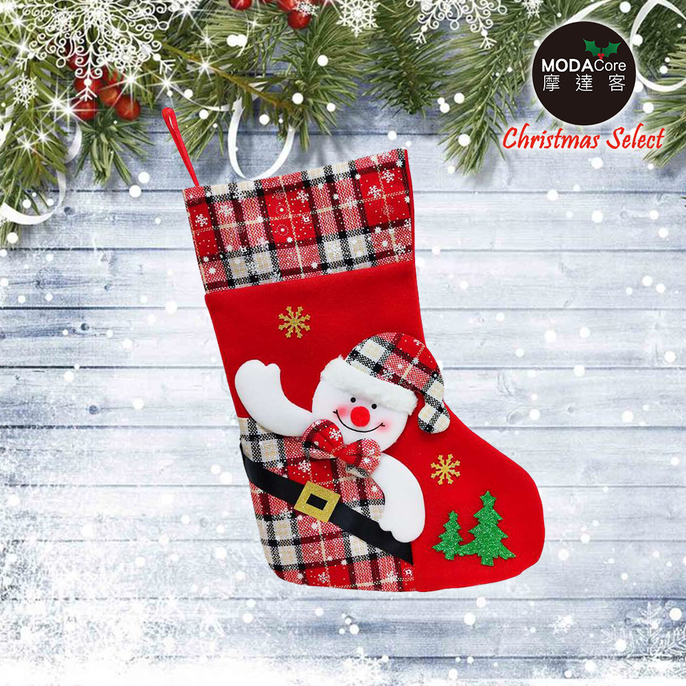 摩達客耶誕-17吋可愛蘇格蘭紅格紋造型聖誕襪(雪人款)