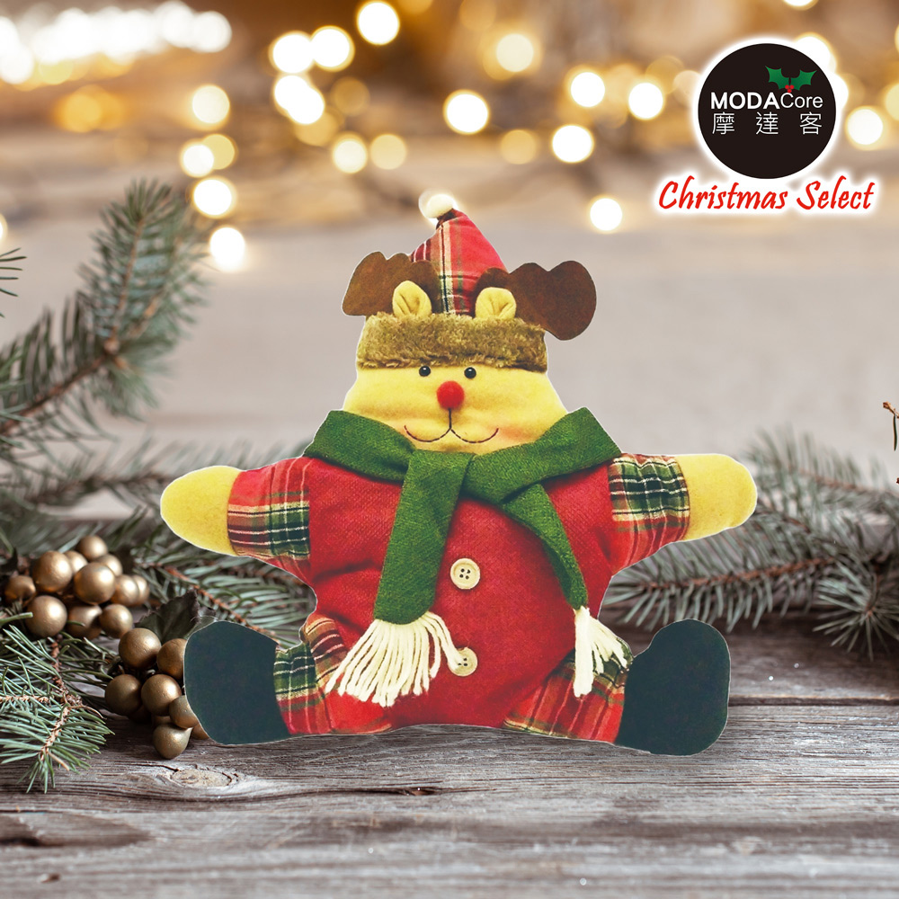 摩達客耶誕-聖誕格紋五角星抱枕靠枕-綠圍巾麋鹿-交換禮物