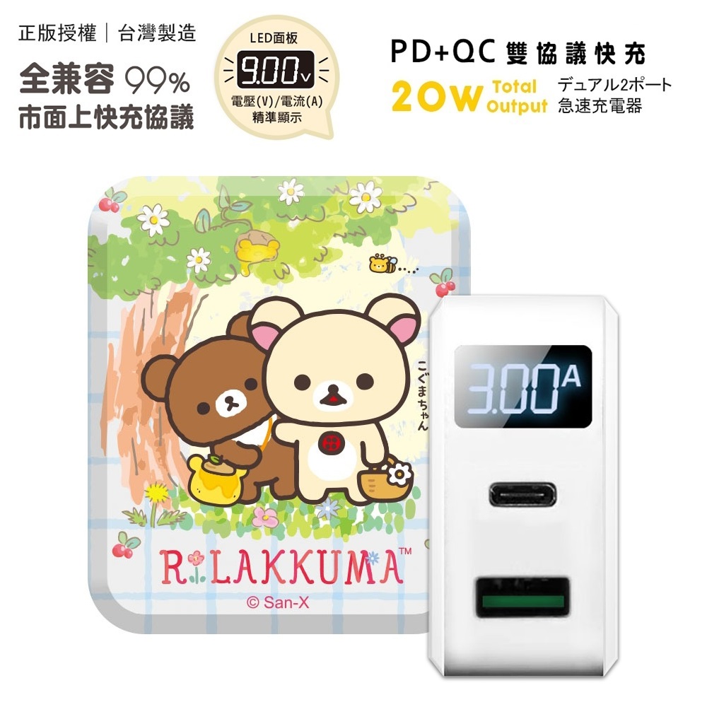 【正版授權】Rilakkuma拉拉熊 20W PD+QC3.0 LED螢幕數顯 雙孔急速充電器-藍格森林