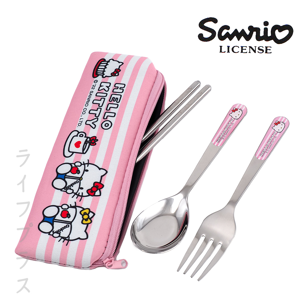 Hello Kitty-三件式304不鏽鋼餐具組-粉紅色