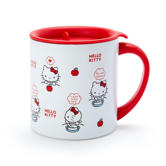小禮堂 Hello Kitty 單耳不鏽鋼杯 附蓋 保溫馬克杯 咖啡杯 保溫杯 300ml (紅白 滿版)