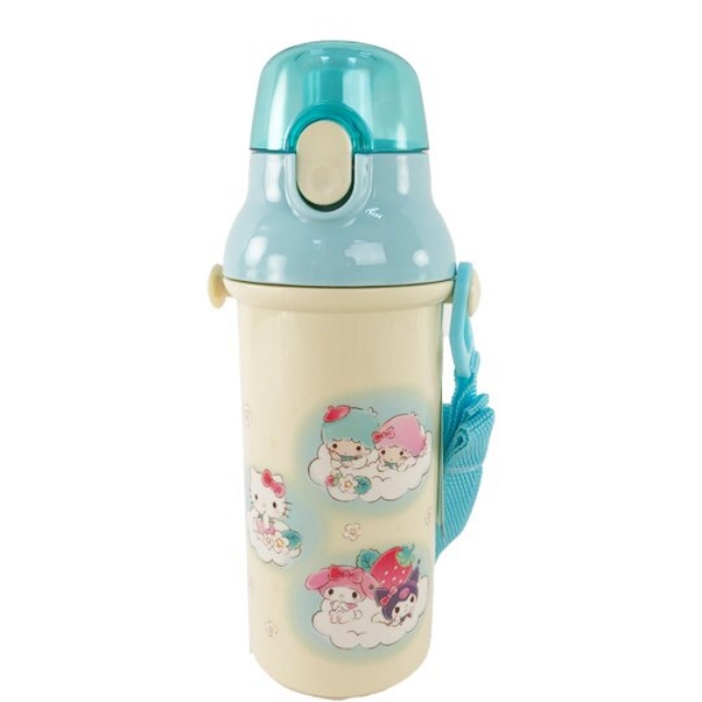 小禮堂 Sanrio大集合 日製 直飲式水壺 附背帶 塑膠水瓶 兒童水壺 隨身瓶 480ml Ag+ (米 雲朵)