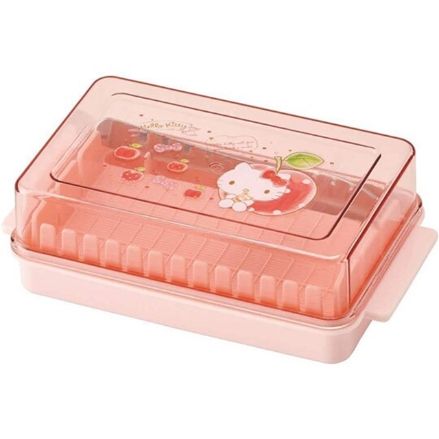 小禮堂 Hello Kitty 日製 方形奶油塊保鮮盒 附鐵叉 奶油切割盒 奶油盒 保鮮盒 (粉 蘋果)