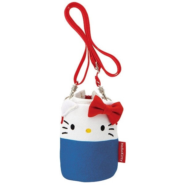 Hello Kitty 造型潛水布斜背寶特瓶套 水壺套 環保杯袋 280ml (藍白 )