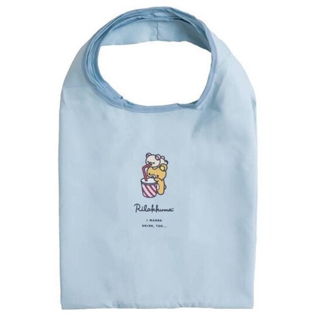 懶懶熊 折疊尼龍環保購物袋 側背袋 手提袋 (藍 飲料)