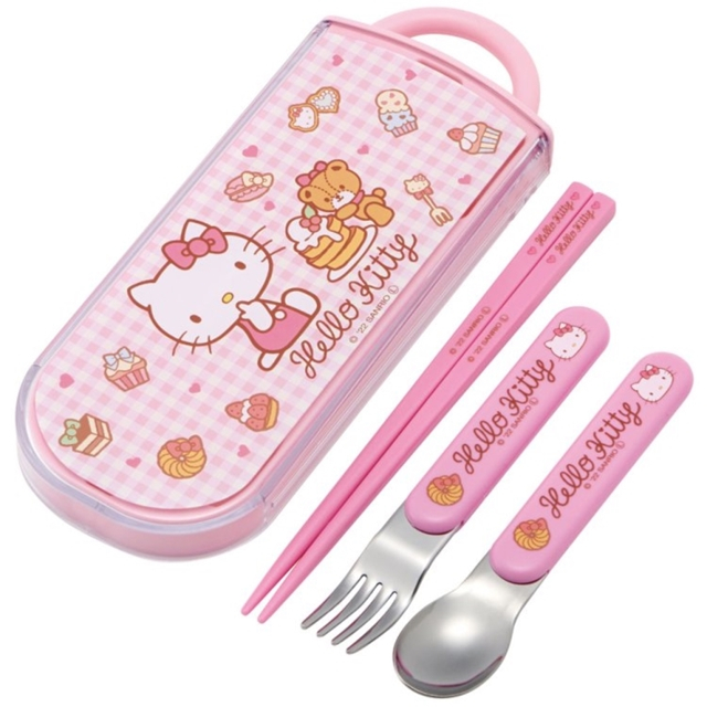 Hello Kitty 滑蓋三件式餐具組 Ag+ (粉格子款)