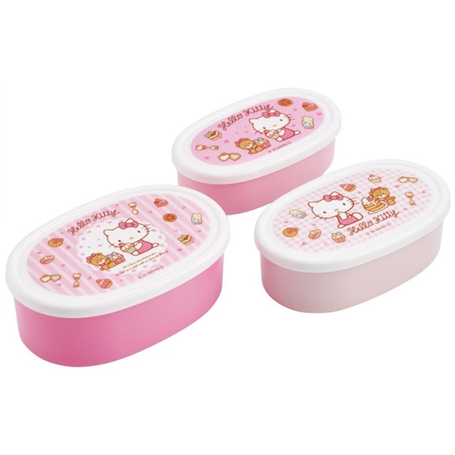 Hello Kitty 橢圓形保鮮盒3入組 Ag+ (粉坐姿甜點款)