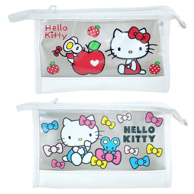 Hello Kitty 皮質三角透明化妝包 白 (2款隨機)
