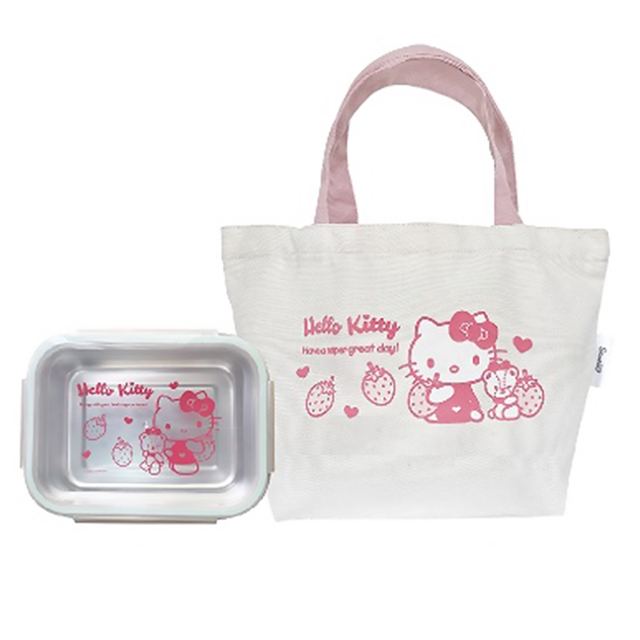 Hello Kitty 不鏽鋼保鮮盒附手提袋 1300ml (米草莓款)
