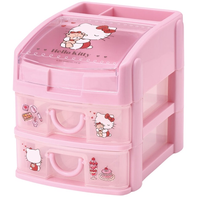 Hello Kitty 頂層掀蓋塑膠雙抽收納盒 (粉抱熊款)