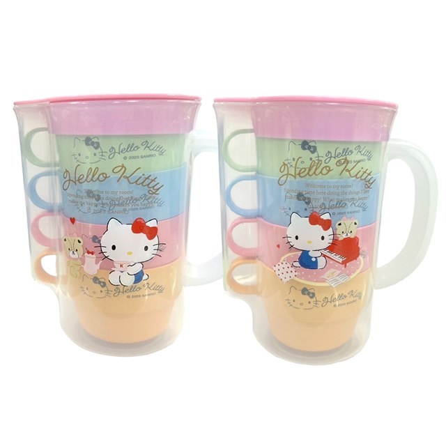 Hello Kitty 單耳塑膠冷水壺附水杯4入組 (2款隨機)