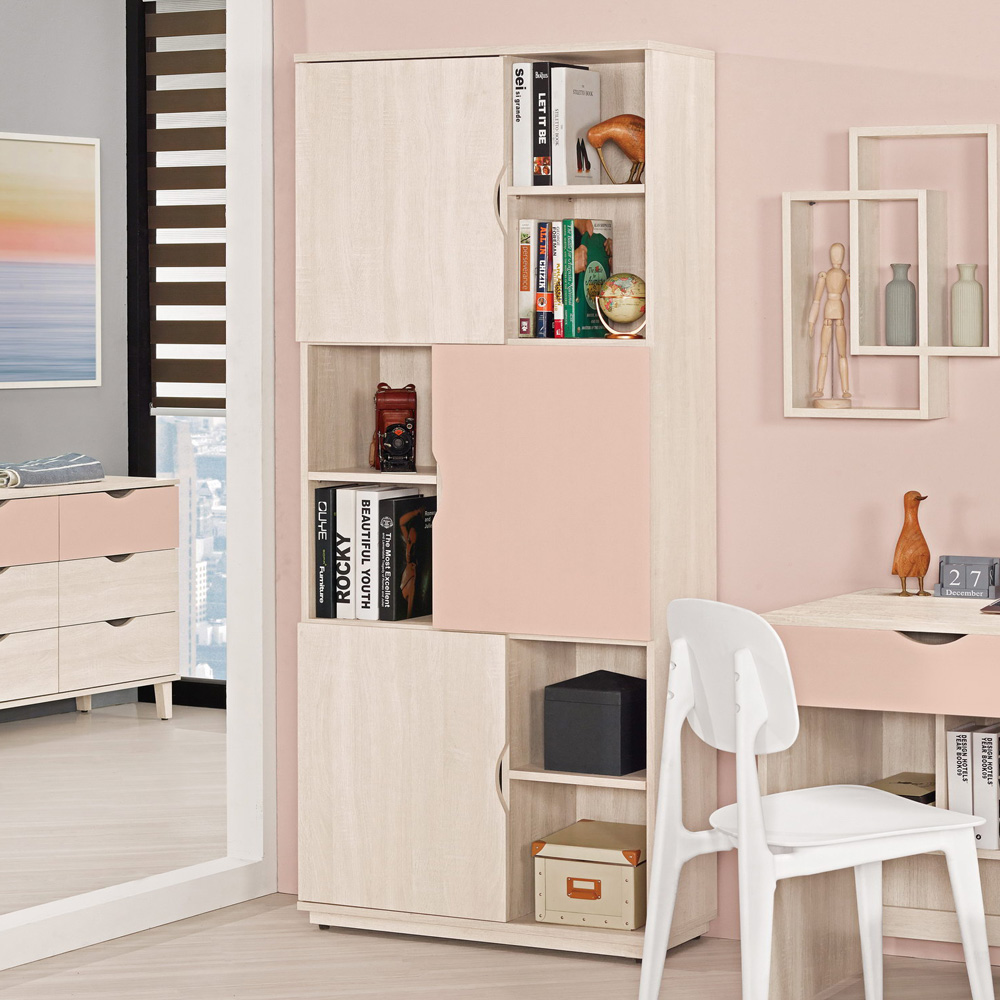 Boden-斯緹2.7尺粉色開放式三門書櫃/收納置物櫃/展示櫃