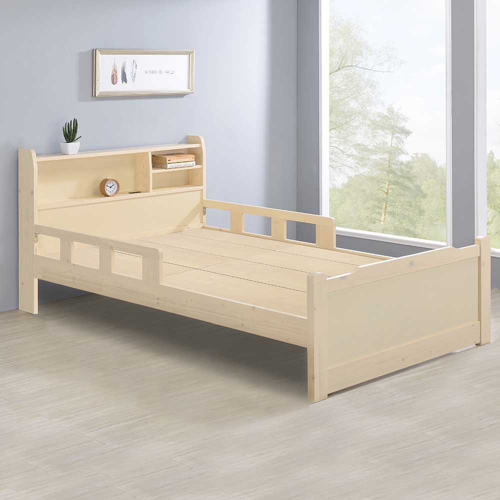 Boden-瑪奇3.5尺單人書架型護欄實木床架/兒童床組-附插座