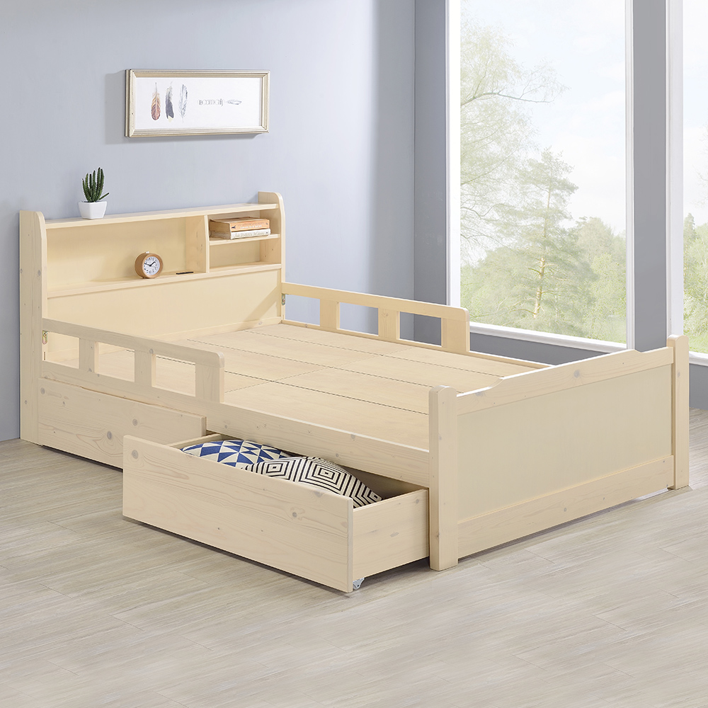 Boden-瑪奇3.5尺單人書架型護欄實木床架/兒童床組-收納抽屜型/附插座