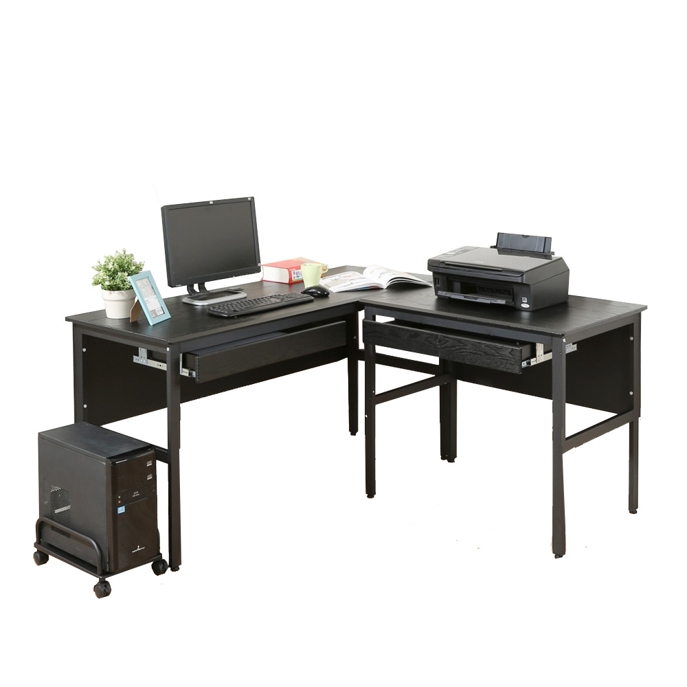 《DFhouse》頂楓150+90公分大L型工作桌+2抽屜+主機架-黑橡木色