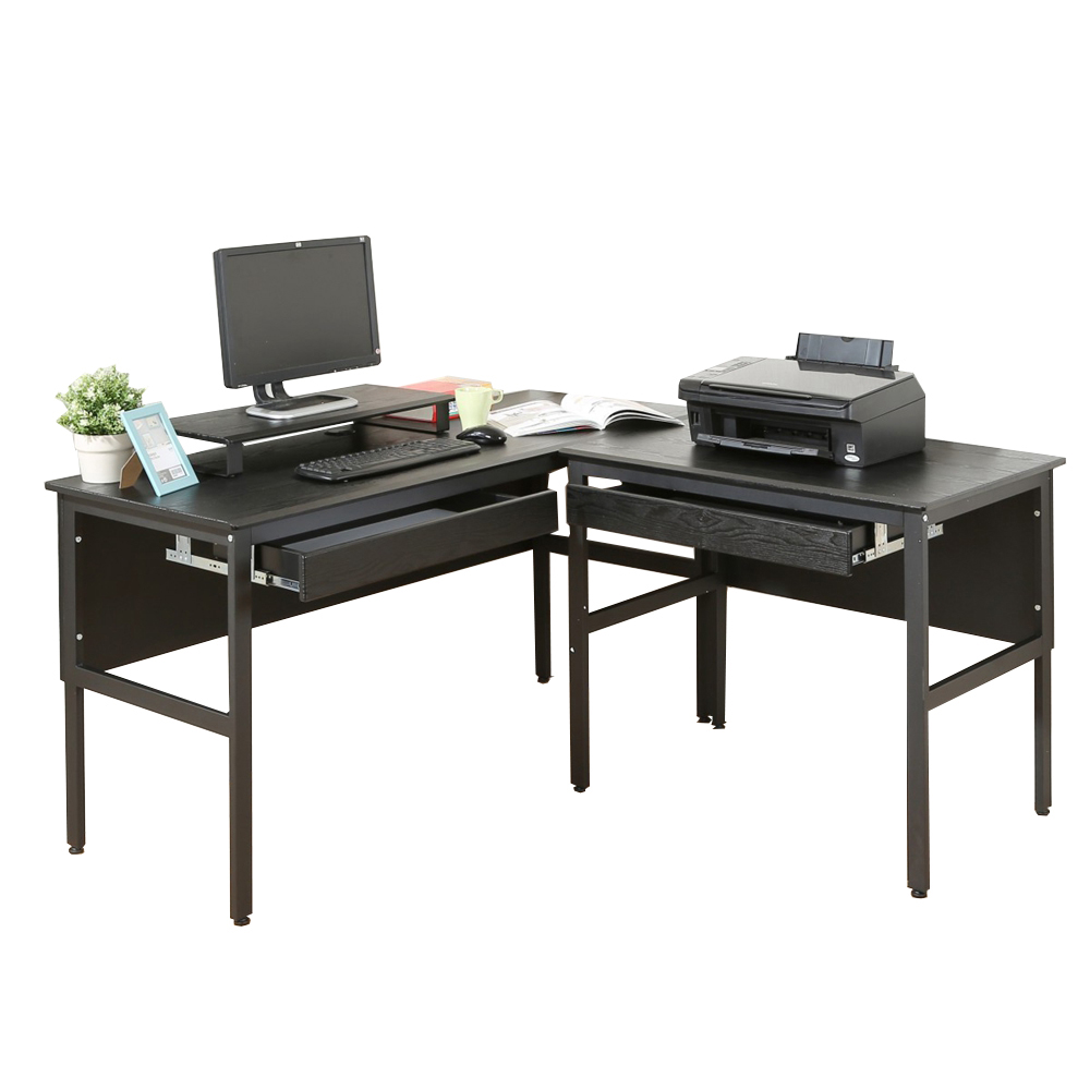 《DFhouse》頂楓150+90公分大L型工作桌+2抽屜+桌上架-黑橡木色