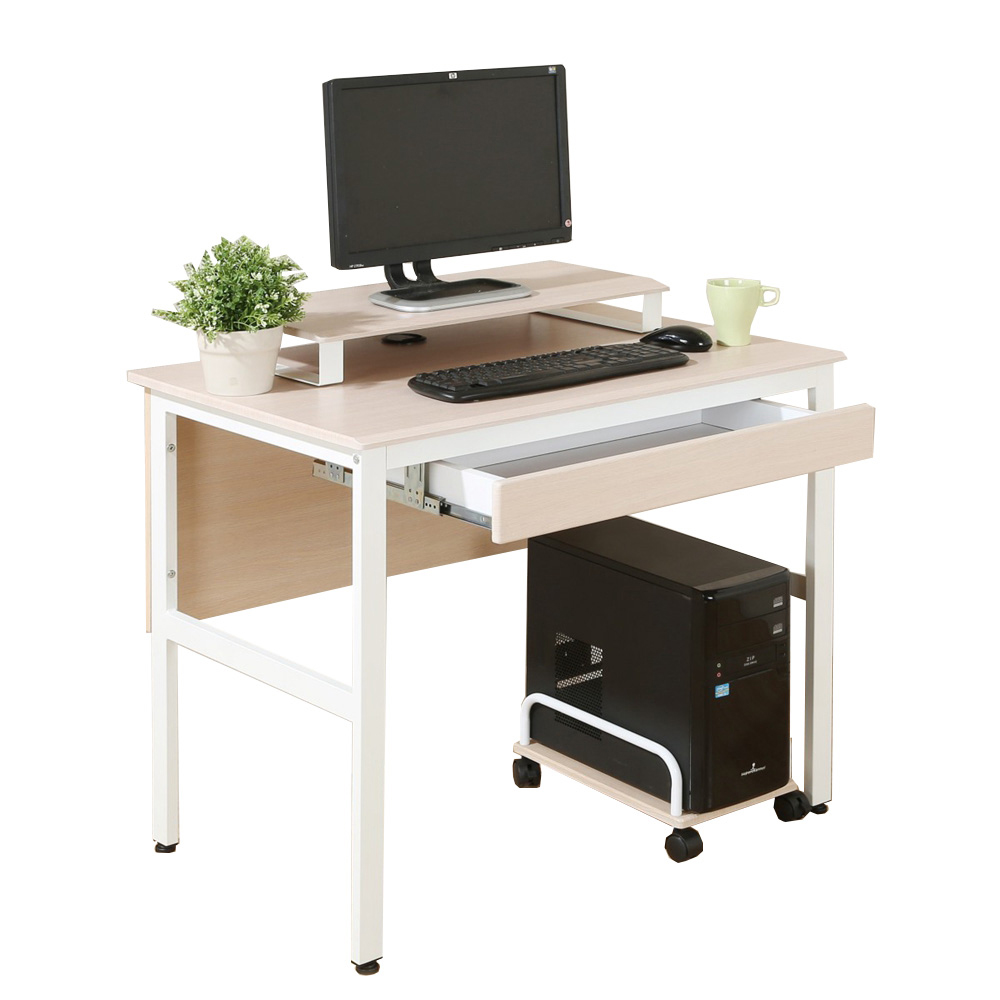 《DFhouse》頂楓90公分工作桌+1抽屜+主機架+桌上架-白楓木色