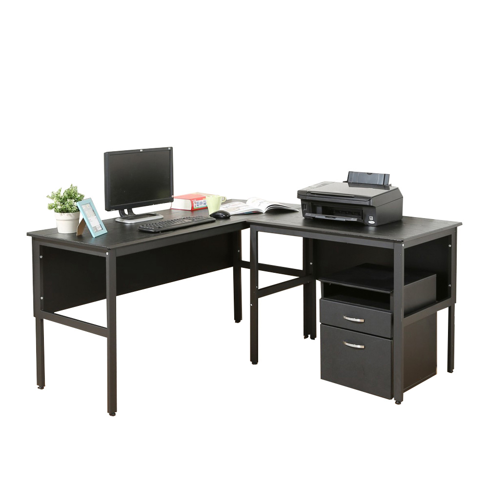 《DFhouse》頂楓150+90公分大L型工作桌+活動櫃-黑橡木色