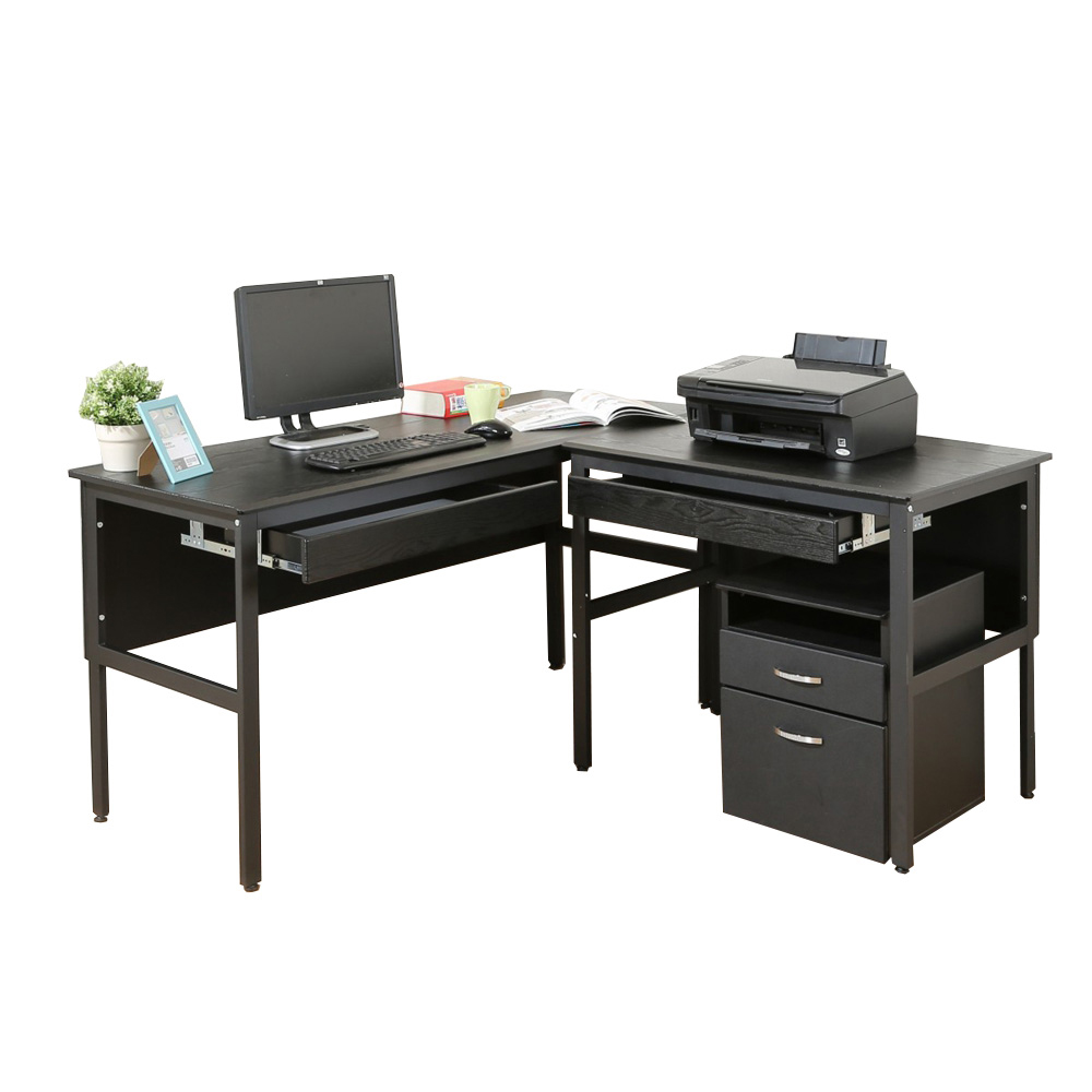 《DFhouse》頂楓150+90公分大L型工作桌+2抽屜+活動櫃-黑橡木色