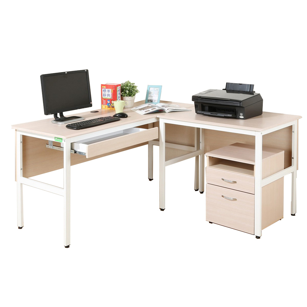 《DFhouse》頂楓150+90公分大L型工作桌+1抽屜+活動櫃-白楓木色