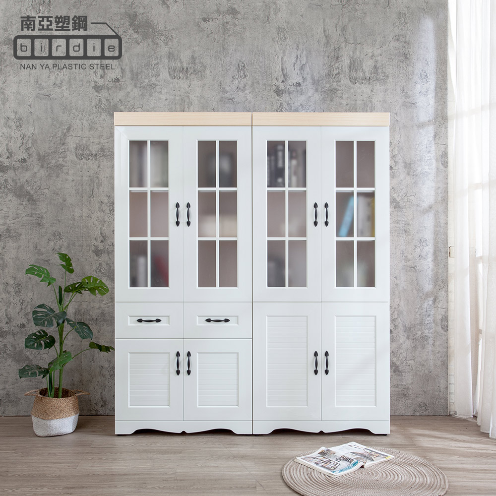 Birdie南亞塑鋼-鄉村歐風5.3尺格子窗線板造型書櫃/展示櫃/收納置物櫃組合(白橡色+白色)