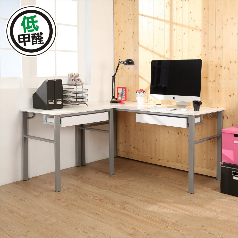 BuyJM低甲醛木紋白160+80公分L型雙抽屜穩重工作桌