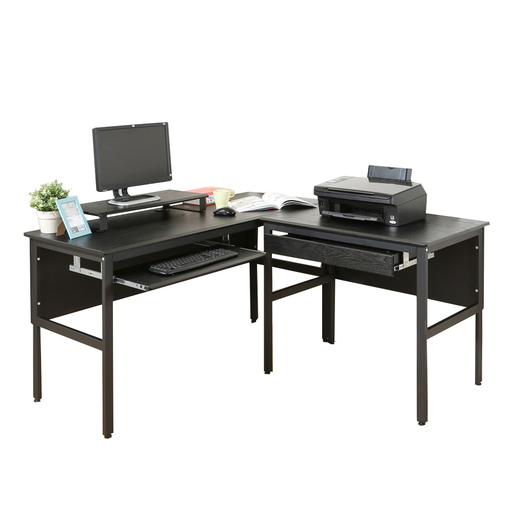 《DFhouse》頂楓150+90公分大L型工作桌+1抽屜+1鍵盤+桌上架-黑橡木色