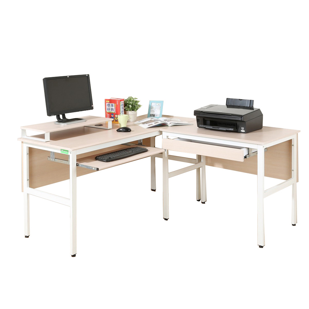 《DFhouse》頂楓150+90公分大L型工作桌+1抽屜+1鍵盤+桌上架-楓木色