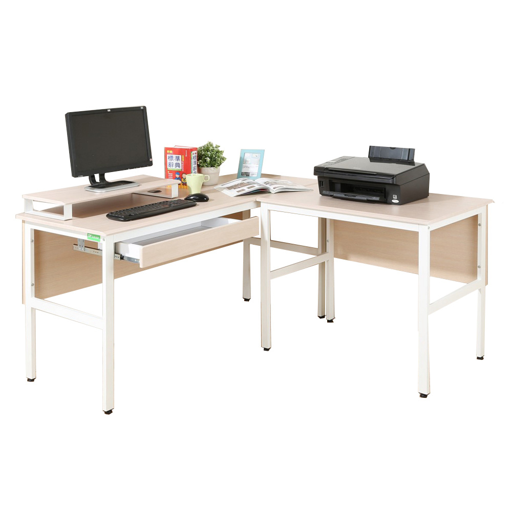 《DFhouse》頂楓150+90公分大L型工作桌+1抽屜+桌上架-白楓木色