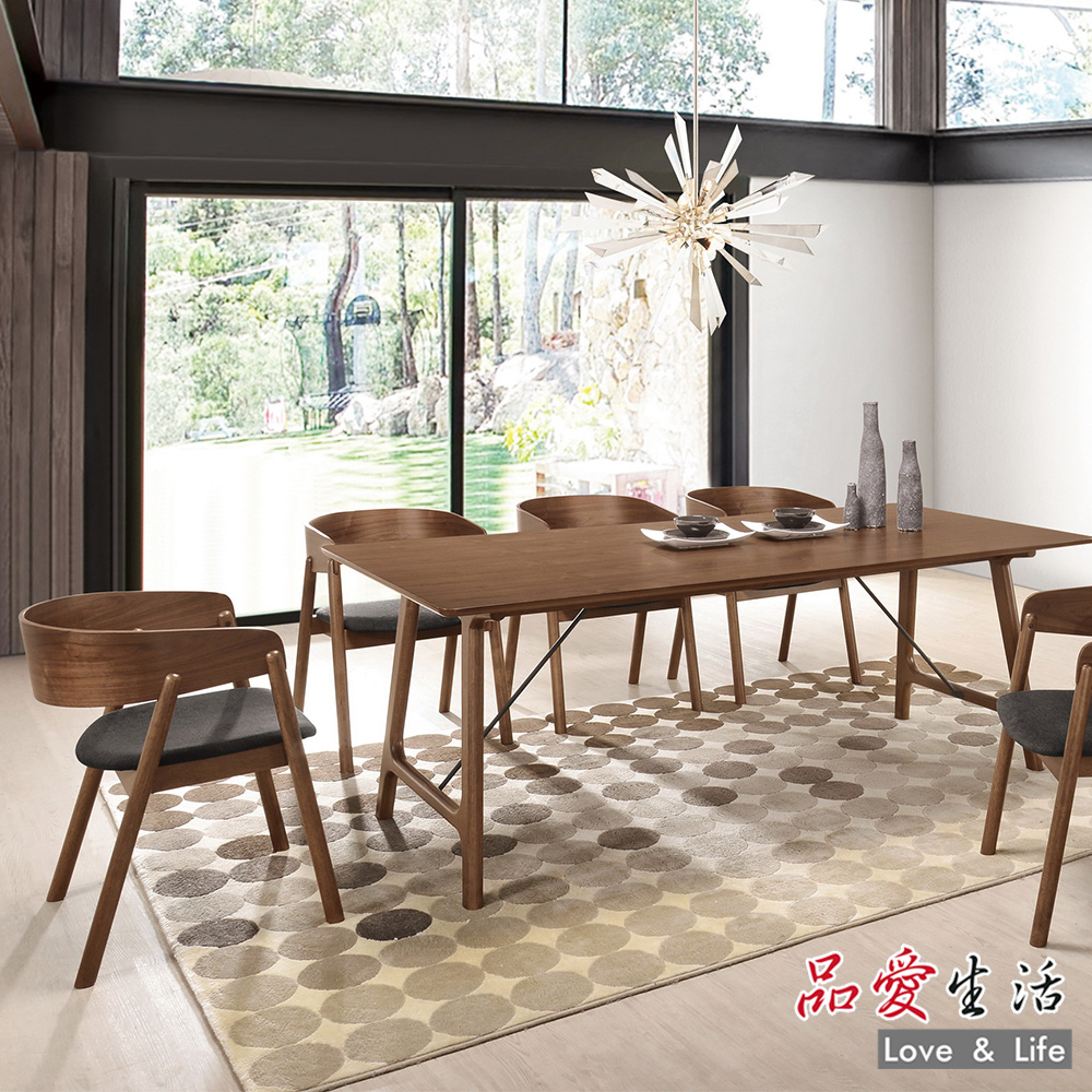 【品愛生活】雷克斯胡桃木色實木6.6尺餐桌椅組(一桌六椅)
