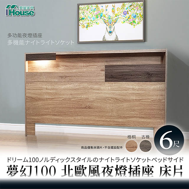 【Ihouse】夢幻100 北歐風夜燈插座 床片-雙大6尺