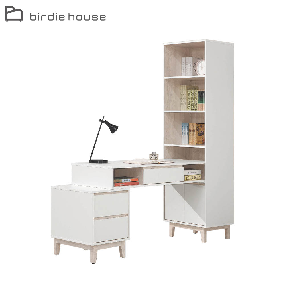 Birdie-賴森6尺開放式書櫃+三抽伸縮書桌/L型工作桌組合-桌面可左右擺放