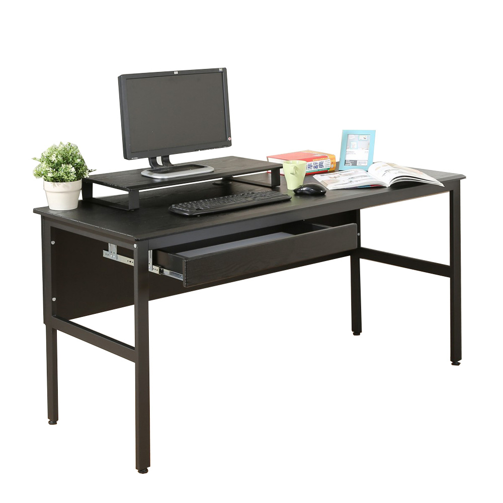 《DFhouse》頂楓150公分電腦辦公桌+一抽+桌上架-黑橡木色