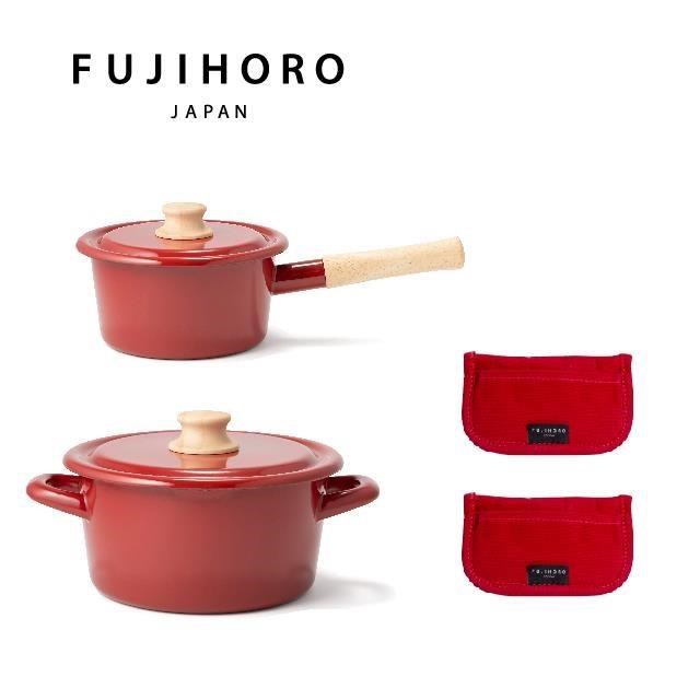 【FUJIHORO 富士琺瑯】COTTON 琺瑯雙鍋組(勃根地紅)含隔熱大手套2個