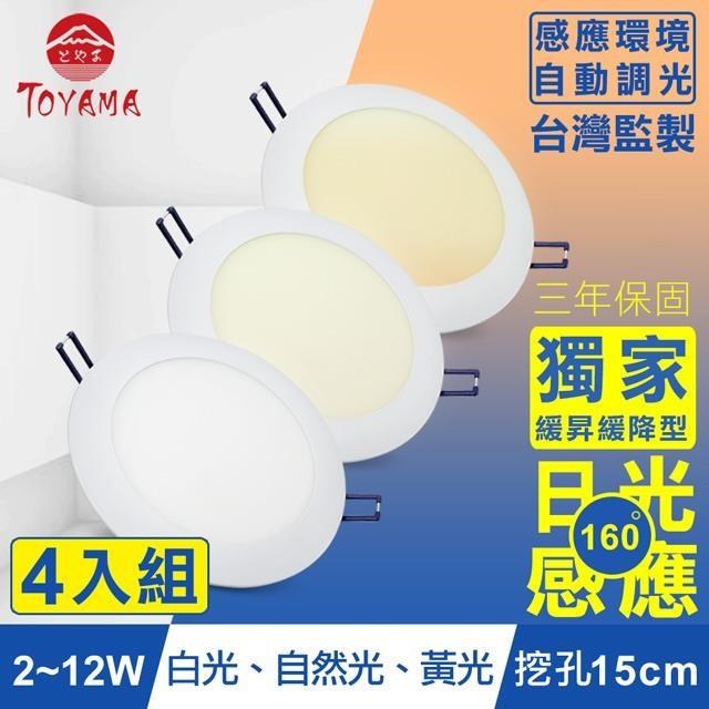 TOYAMA特亞馬 2∼12W超薄LED日光感應自動調光節能崁燈 挖孔尺寸15cm 4入(三色任選)